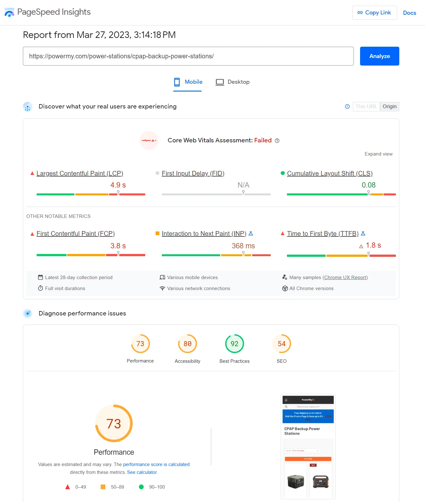 PageSpeed Insights Mobile report showing a performance score of 73.